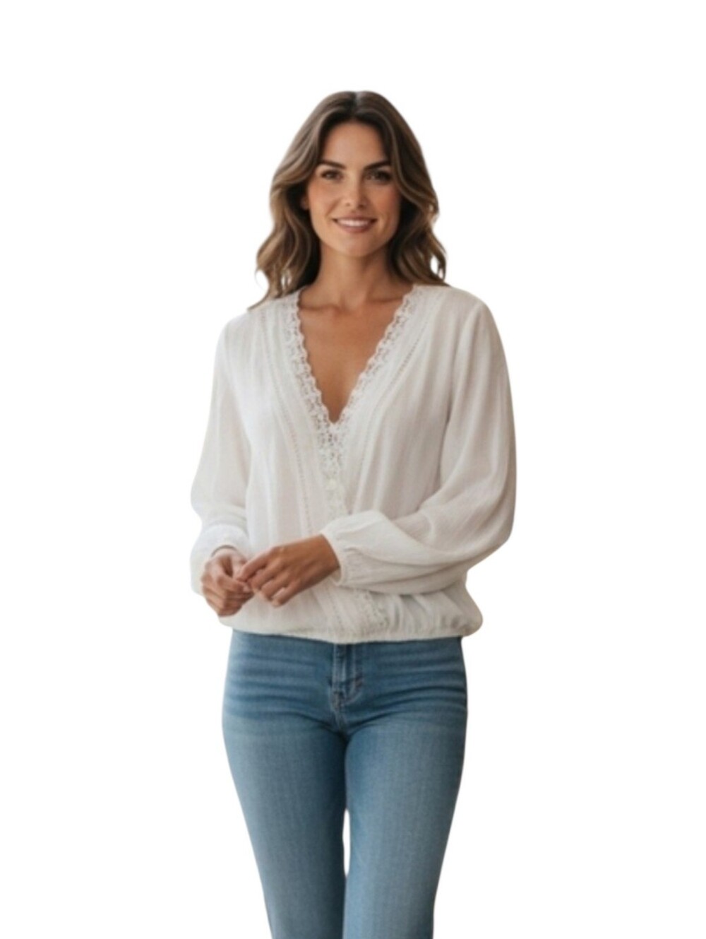 White Lace Trim V-Neck Blouse - Women